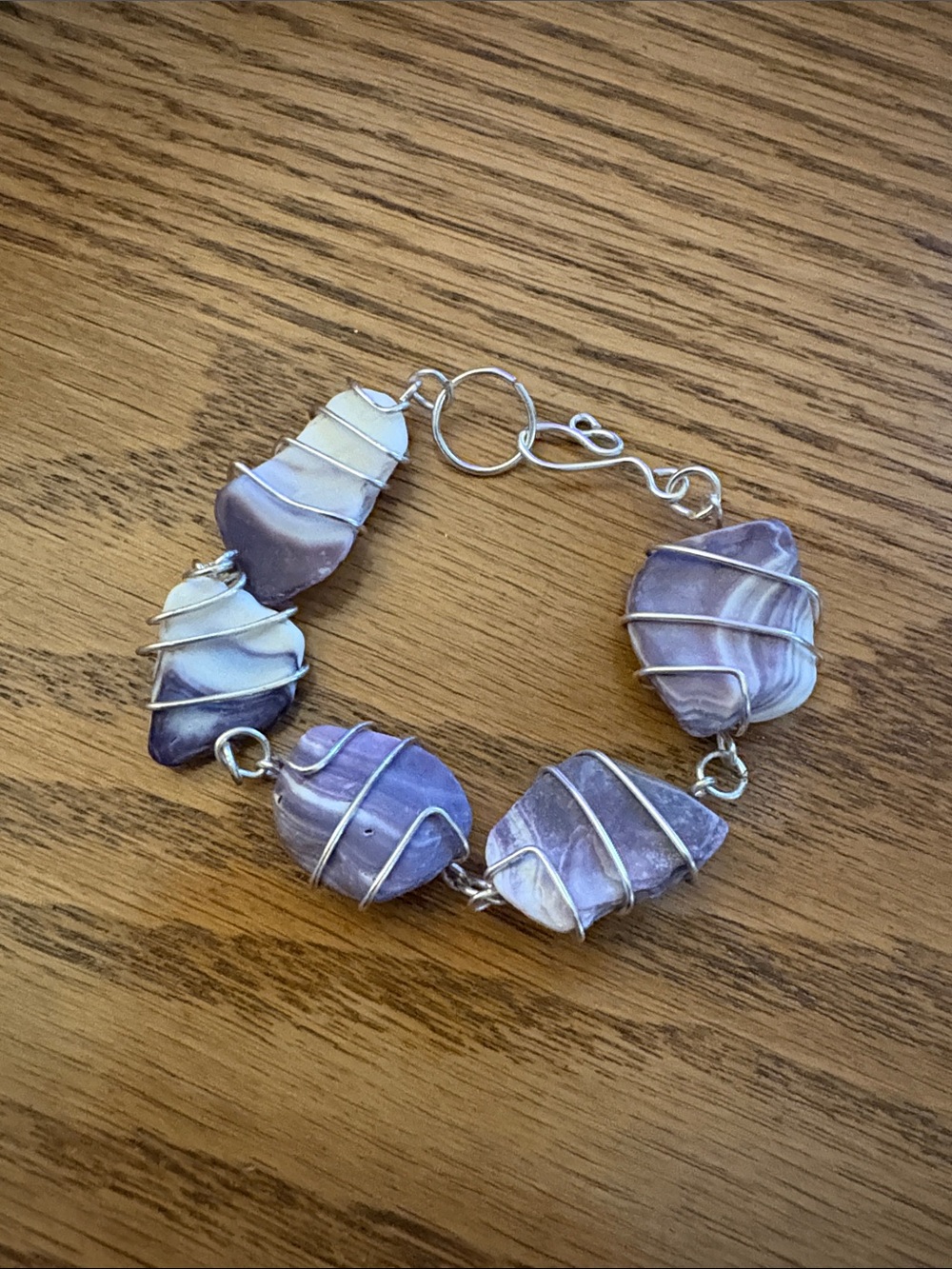 Hand Crafted Purple Wampum Shell Silver Plated Wire-Wrapped Bracelet